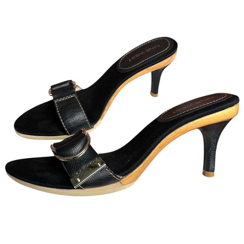 Nine West Mules Women 7M Black Leather Buckle Kitten Heel Y2K Vintage Dougan